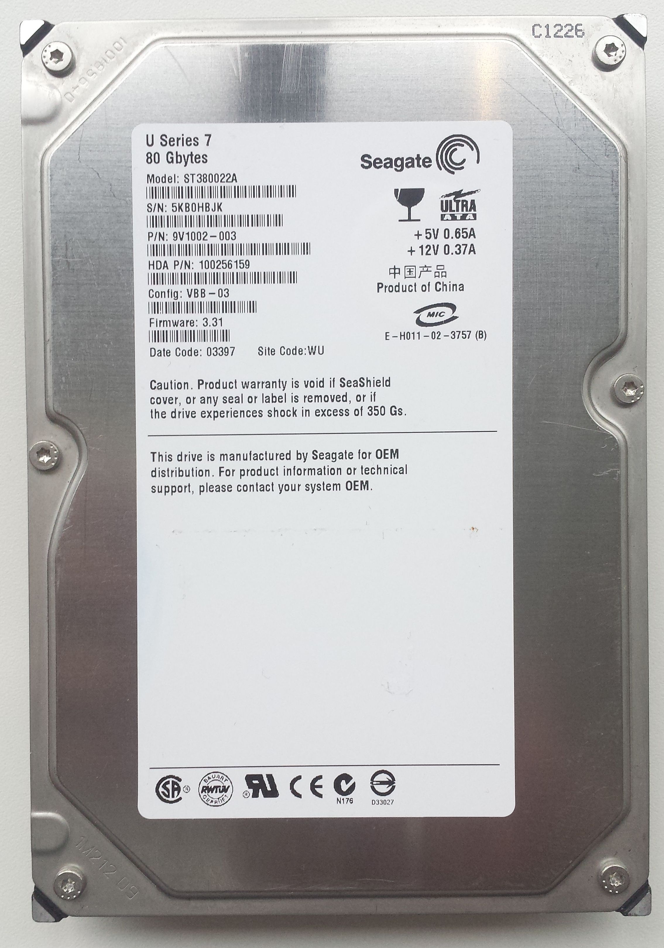 HDD PATA/100 3.5" 80GB / Seagate U Series 7 (ST380022A)